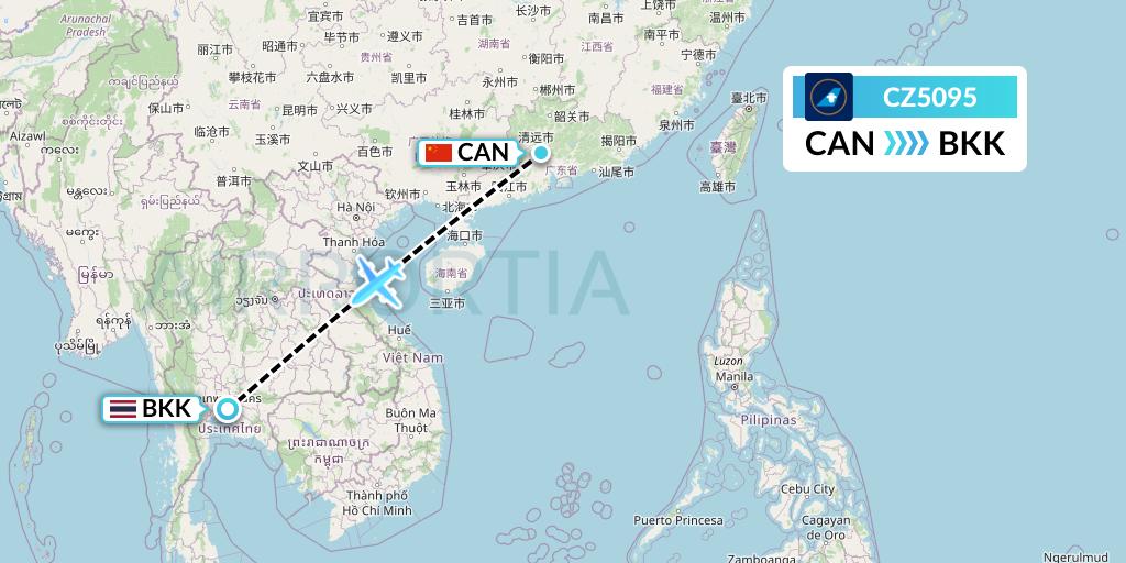 CZ5095 China Southern Airlines Flight Map: Guangzhou to Bangkok