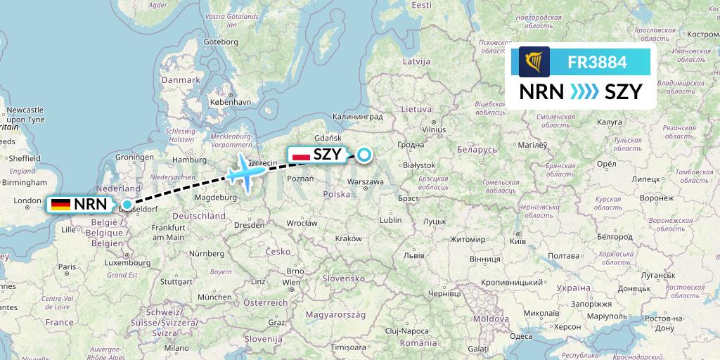 FR3884 Ryanair Flight Map: Weeze to Olsztyn