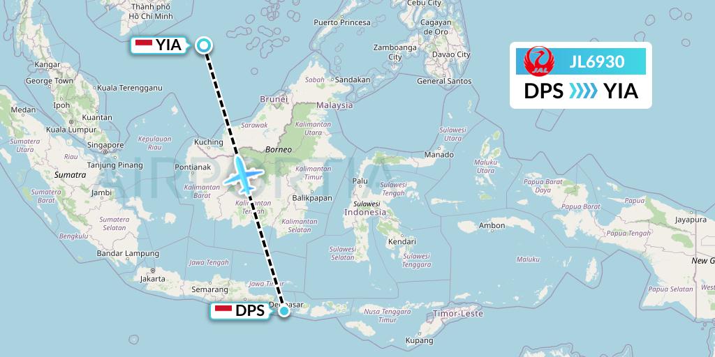 JL6930 Japan Airlines Flight Map: Denpasar to Yogyakarta