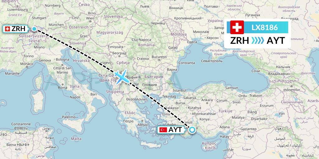 LX8186 Swiss Flight Map: Zurich to Antalya