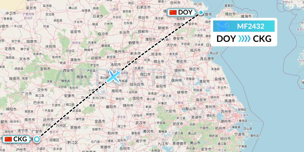 MF2432 Xiamen Airlines Flight Map: Dongying to Chongqing