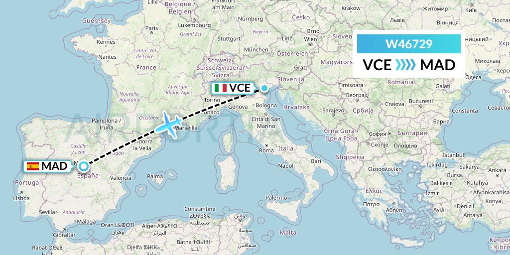 W46729 Wizz Air Malta Flight Map: Venice to Madrid