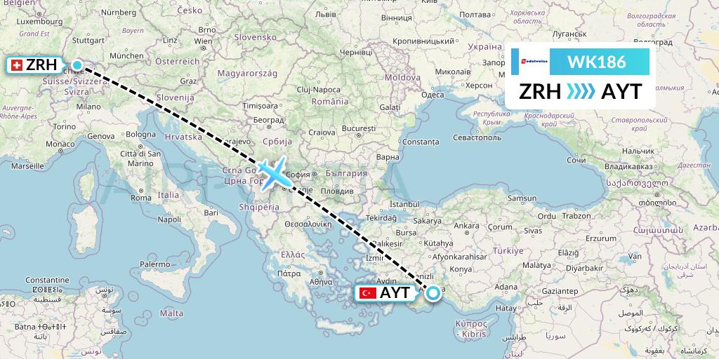 WK186 Edelweiss Air Flight Map: Zurich to Antalya