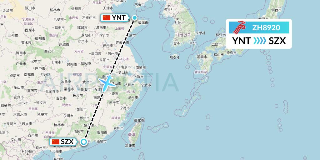 ZH8920 Shenzhen Airlines Flight Map: Yantai to Shenzhen