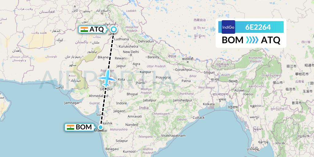 6E2264 IndiGo Airlines Flight Map: Mumbai to Amritsar