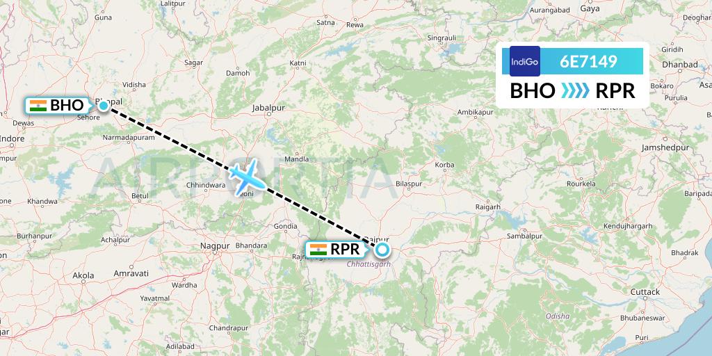 6E7149 IndiGo Airlines Flight Map: Bhopal to Raipur