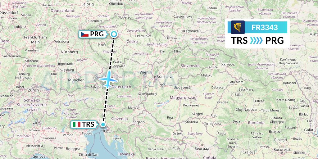 FR3343 Ryanair Flight Map: Trieste to Prague