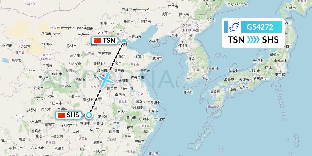 G54272 China Express Airlines Flight Map: Tianjin to Shashi