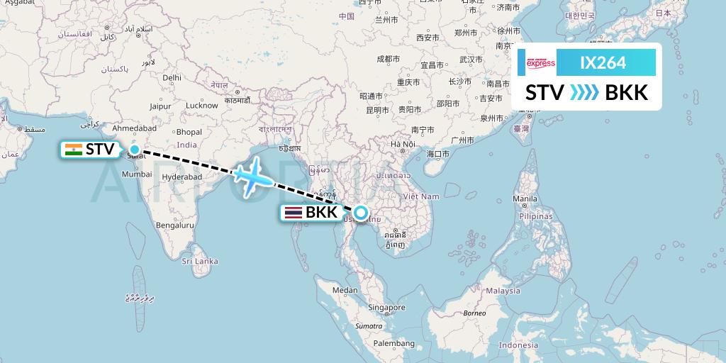 IX264 Air India Express Flight Map: Surat to Bangkok