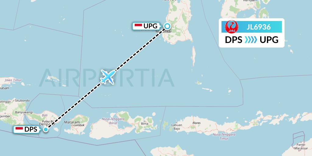 JL6936 Japan Airlines Flight Map: Denpasar to Makassar