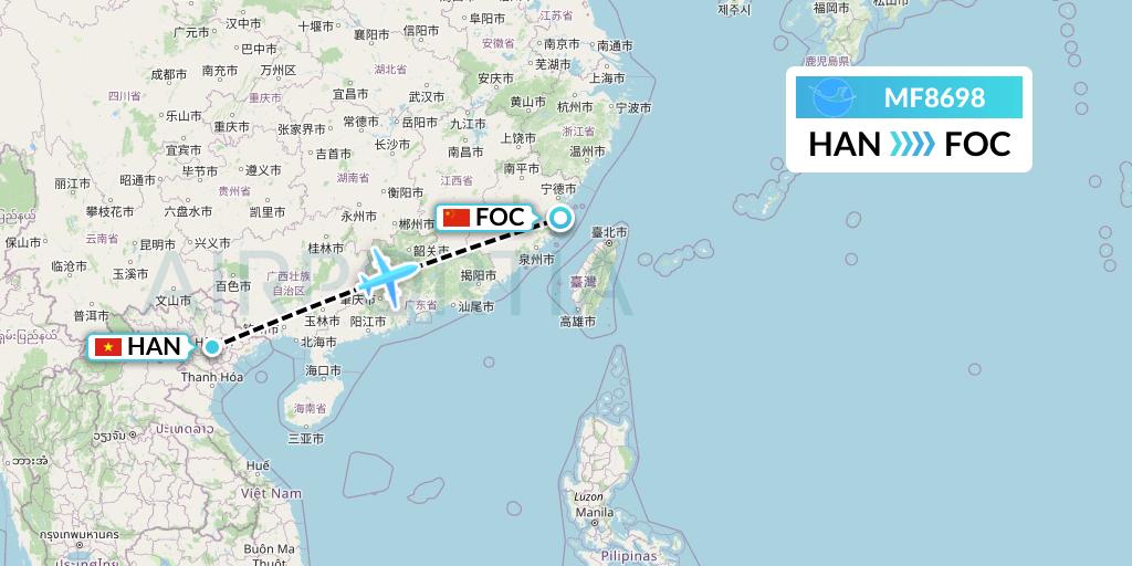 MF8698 Xiamen Airlines Flight Map: Hanoi to Fuzhou