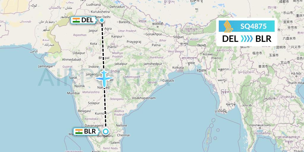 SQ4875 Singapore Airlines Flight Map: Delhi to Bangalore