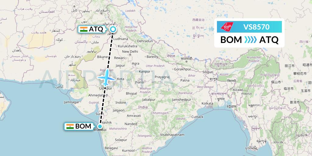 VS8570 Virgin Atlantic Airways Flight Map: Mumbai to Amritsar