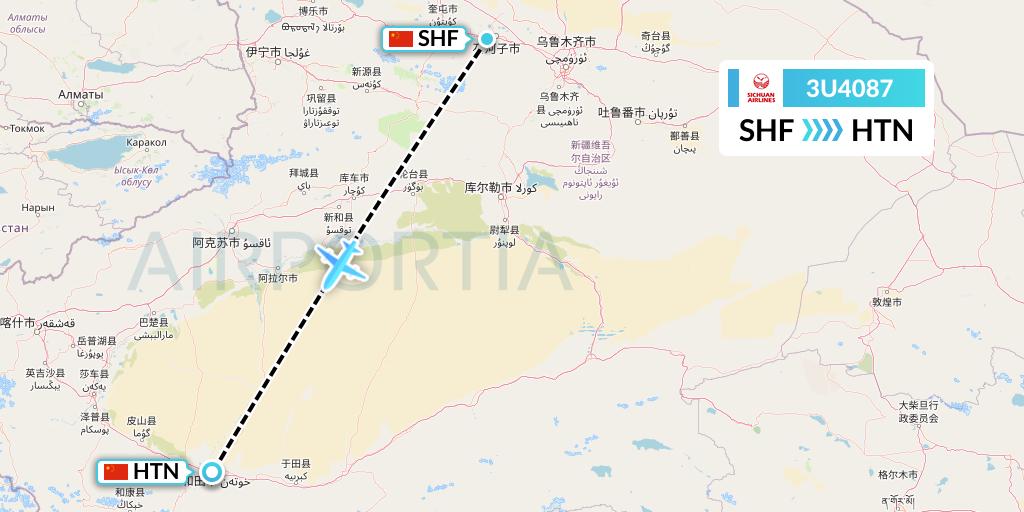 3U4087 Sichuan Airlines Flight Map: Shihezi to Hotan