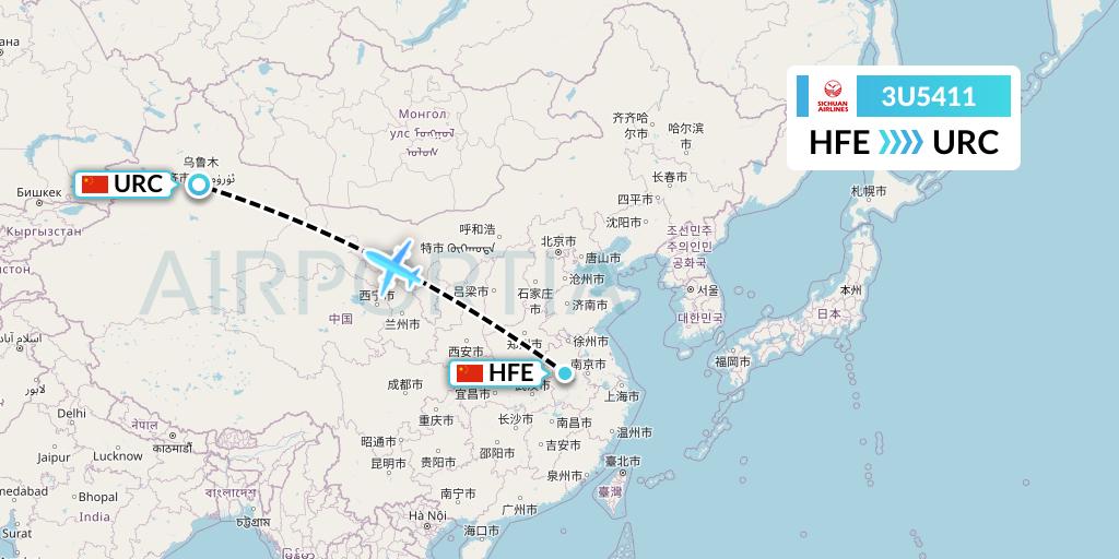 3U5411 Sichuan Airlines Flight Map: Hefei to Urumqi