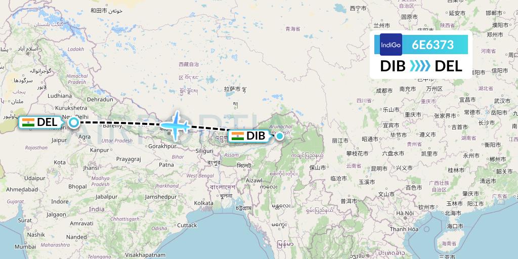 6E6373 IndiGo Airlines Flight Map: Dibrugarh to Delhi