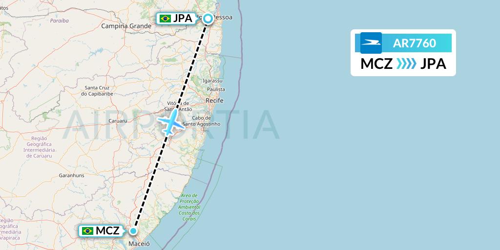 AR7760 Aerolineas Argentinas Flight Map: Maceio to Joao Pessoa