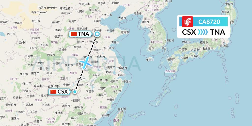 CA8720 Air China Flight Map: Changsha to Jinan