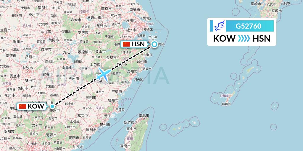 G52760 China Express Airlines Flight Map: Ganzhou to Zhoushan