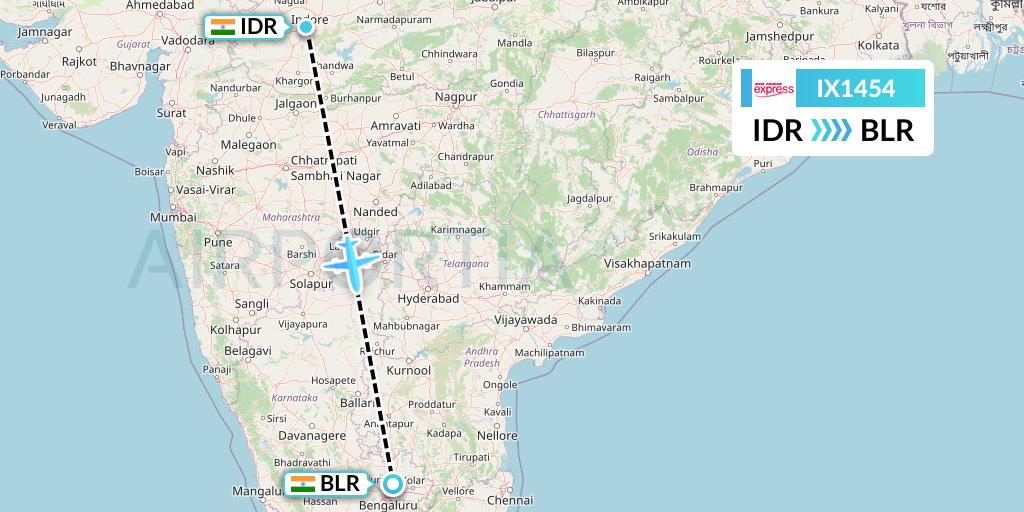 IX1454 Air India Express Flight Map: Indore to Bangalore