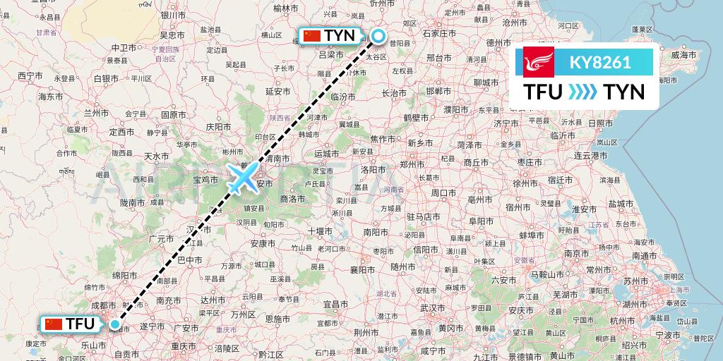 KY8261 Kunming Airlines Flight Map: Chengdu to Taiyuan