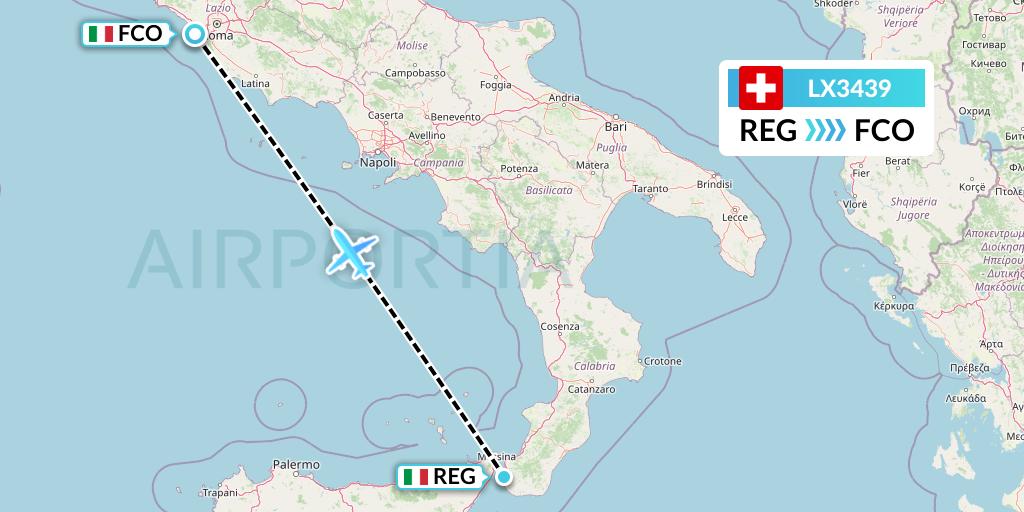 LX3439 Swiss Flight Map: Reggio Calabria to Rome