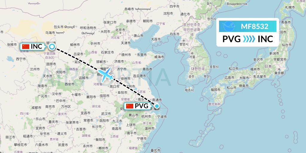 MF8532 Xiamen Airlines Flight Map: Shanghai to Yinchuan