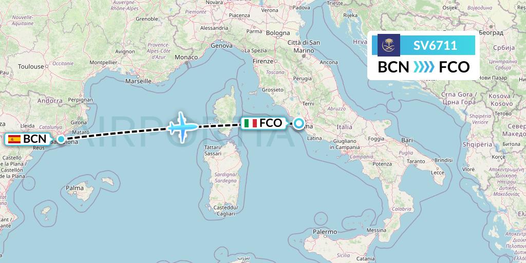 SV6711 Saudi Arabian Airlines Flight Map: Barcelona to Rome