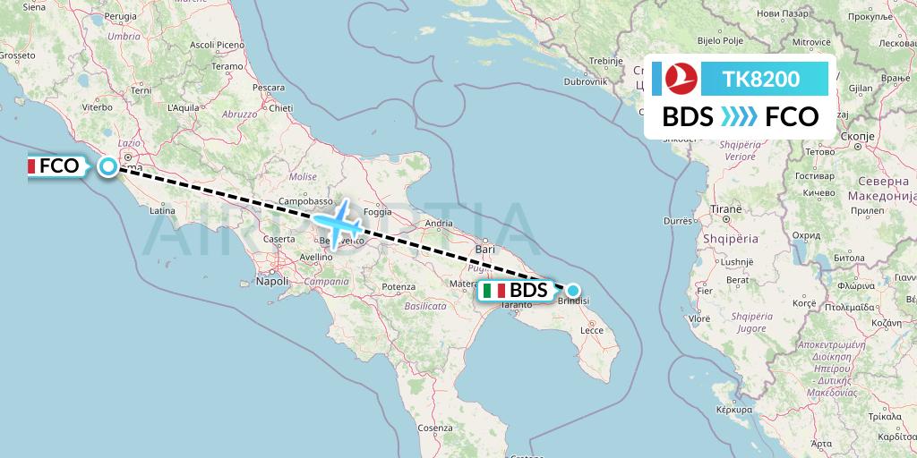 TK8200 Turkish Airlines Flight Map: Brindisi to Rome