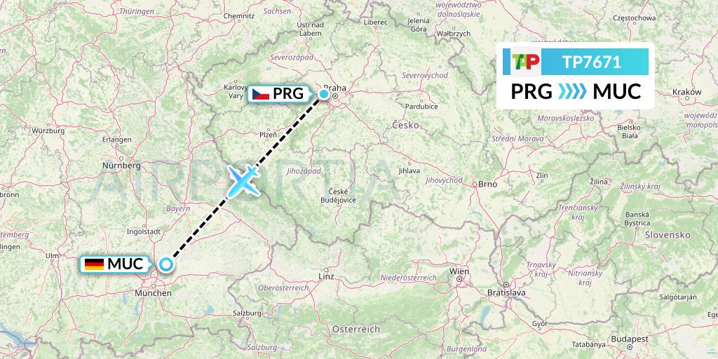 TP7671 TAP Portugal Flight Map: Prague to Munich
