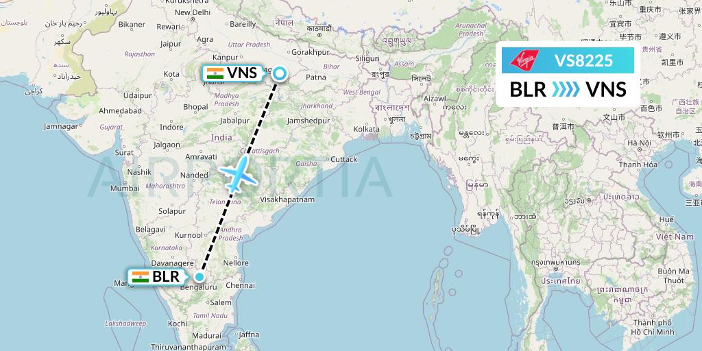 VS8225 Virgin Atlantic Airways Flight Map: Bangalore to Varanasi