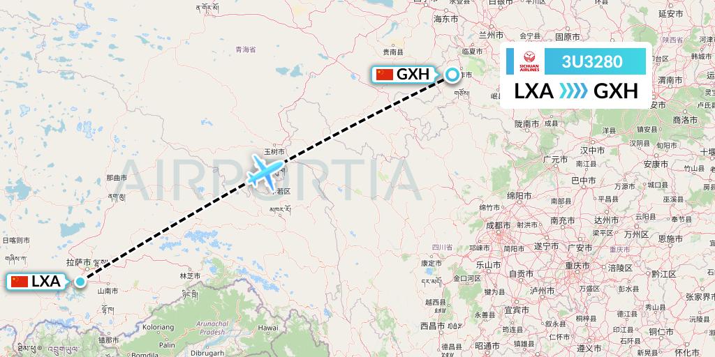 3U3280 Sichuan Airlines Flight Map: Lhasa to Xiahe