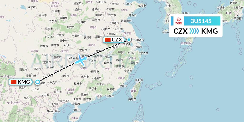 3U5145 Sichuan Airlines Flight Map: Changzhou to Kunming