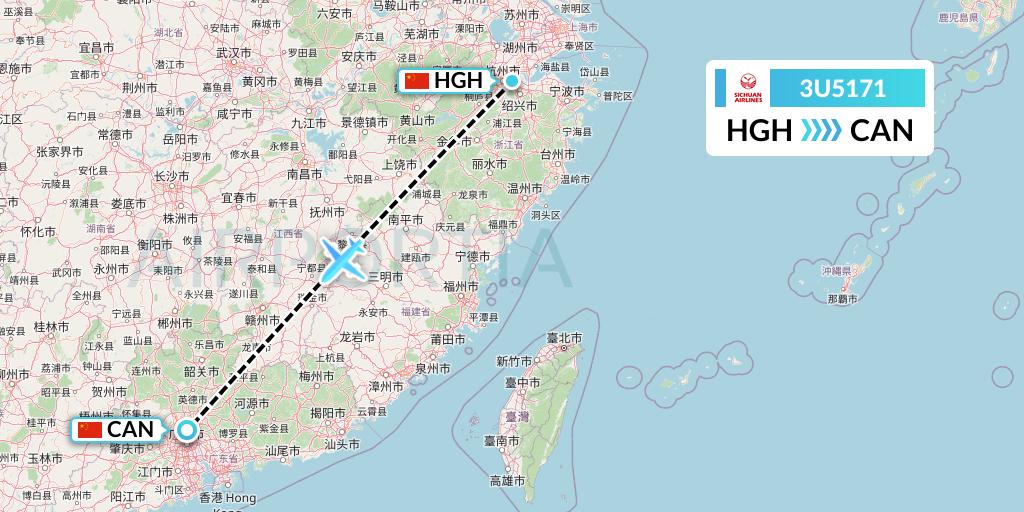 3U5171 Sichuan Airlines Flight Map: Hangzhou to Guangzhou