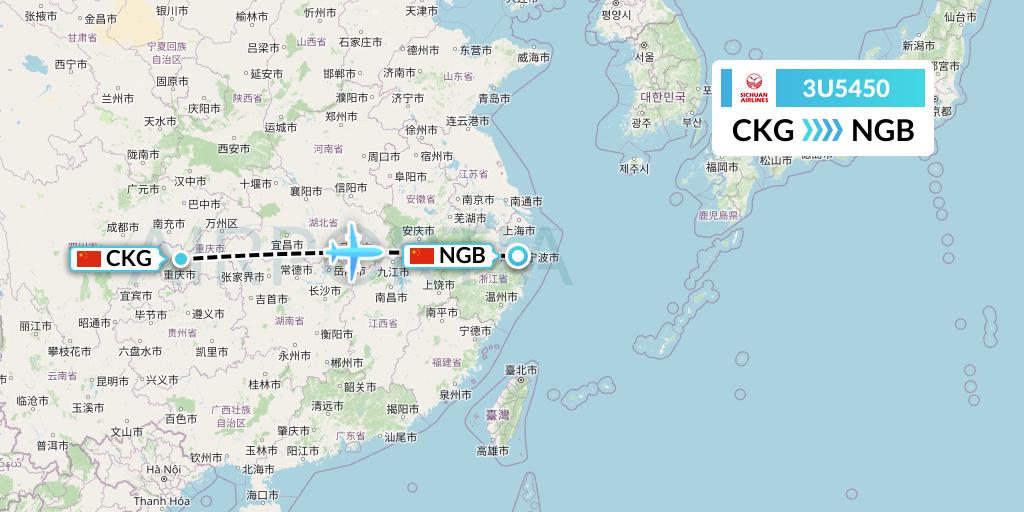 3U5450 Sichuan Airlines Flight Map: Chongqing to Ningbo