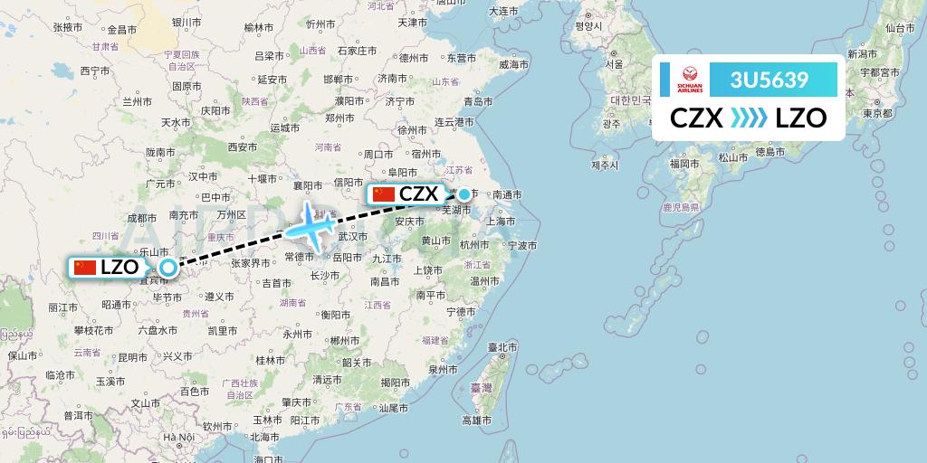 3U5639 Sichuan Airlines Flight Map: Changzhou to Luzhou