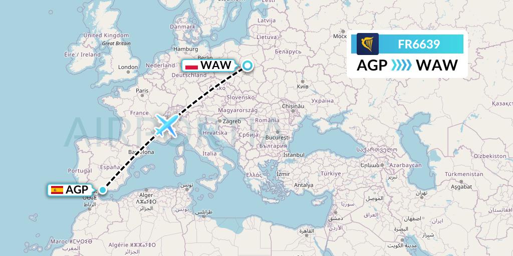 FR6639 Ryanair Flight Map: Malaga to Warsaw