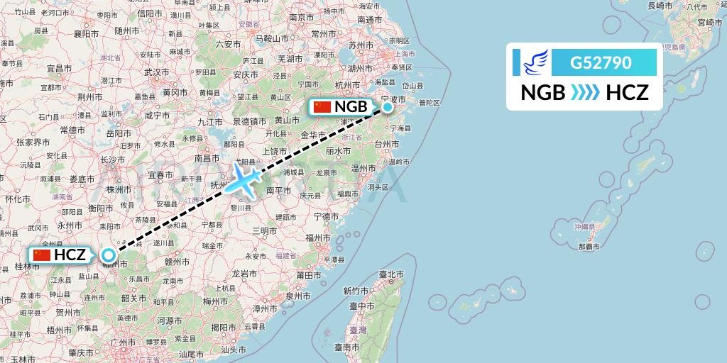 G52790 China Express Airlines Flight Map: Ningbo to Shaoguan
