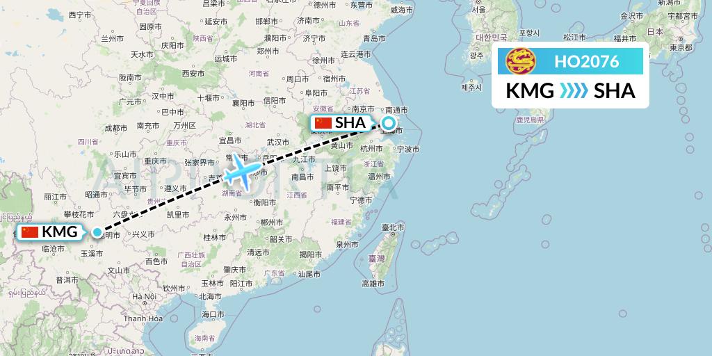 HO2076 Juneyao Airlines Flight Map: Kunming to Shanghai