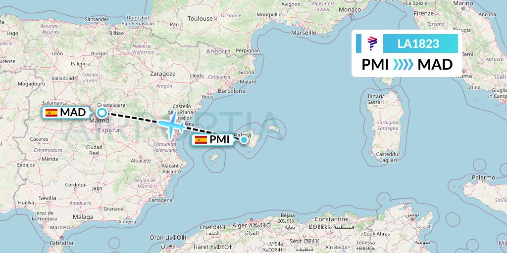 LA1823 LAN Airlines Flight Map: Palma de Mallorca to Madrid