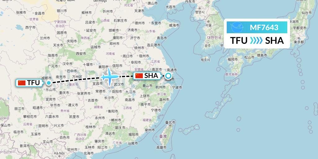 MF7643 Xiamen Airlines Flight Map: Chengdu to Shanghai