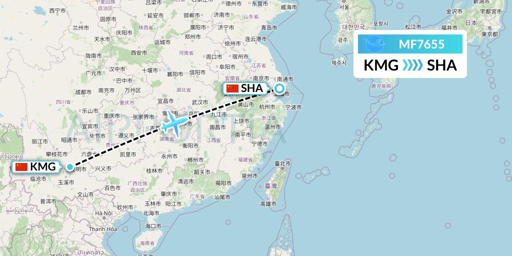 MF7655 Xiamen Airlines Flight Map: Kunming to Shanghai