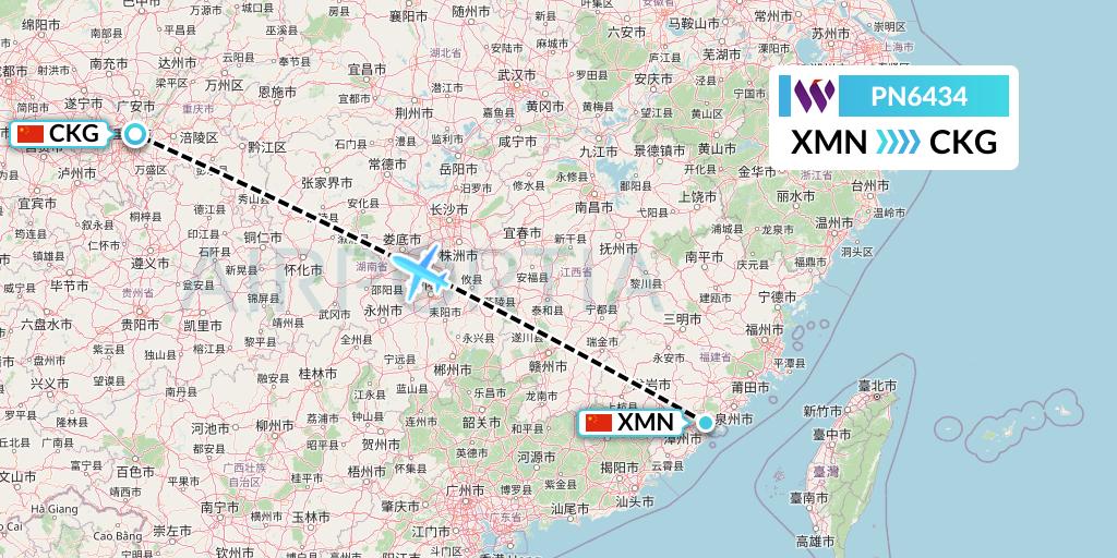 PN6434 China West Air Flight Map: Xiamen to Chongqing