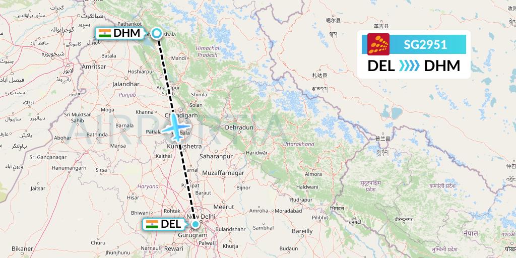 SG2951 SpiceJet Flight Map: Delhi to Dharamsala