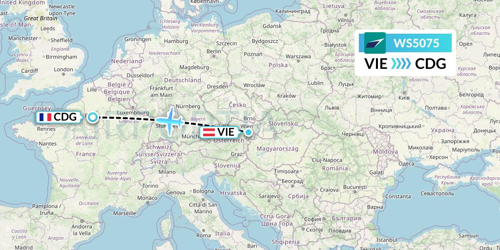 WS5075 WestJet Flight Map: Vienna to Paris