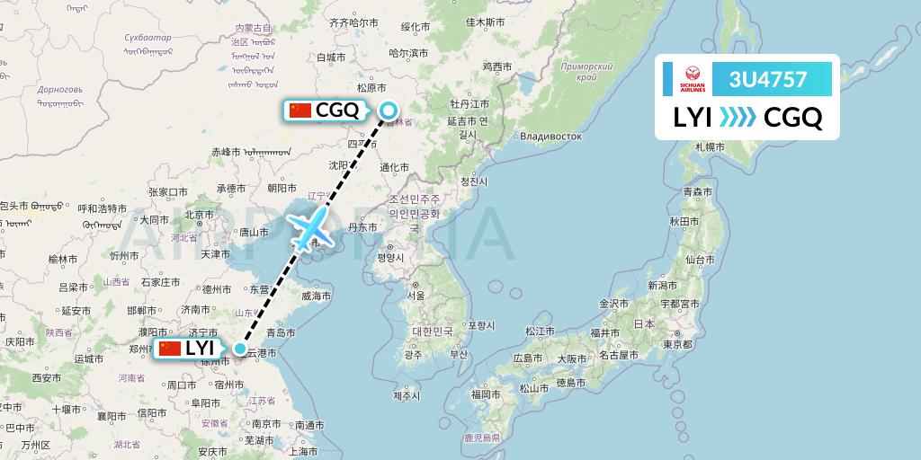 3U4757 Sichuan Airlines Flight Map: Linyi to Changchun