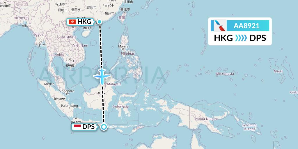 AA8921 American Airlines Flight Map: Hong Kong to Denpasar