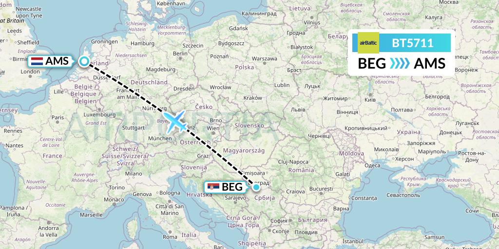 BT5711 Air Baltic Flight Map: Belgrade to Amsterdam