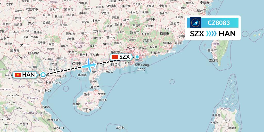 CZ8083 China Southern Airlines Flight Map: Shenzhen to Hanoi