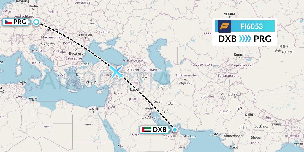 FI6053 Icelandair Flight Map: Dubai to Prague